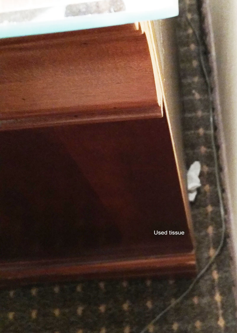 Used Tissue behind nightstand at Park Place Hotel